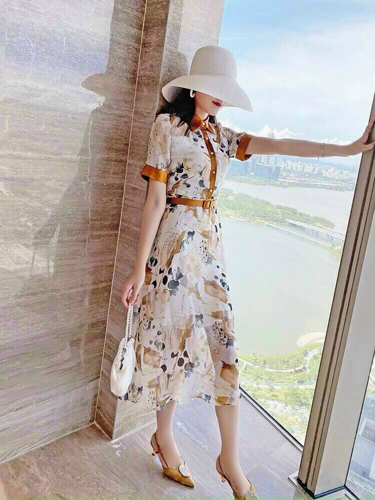 Đầm Voan Họa Tiết Viền Màu Kèm Belt - HN952